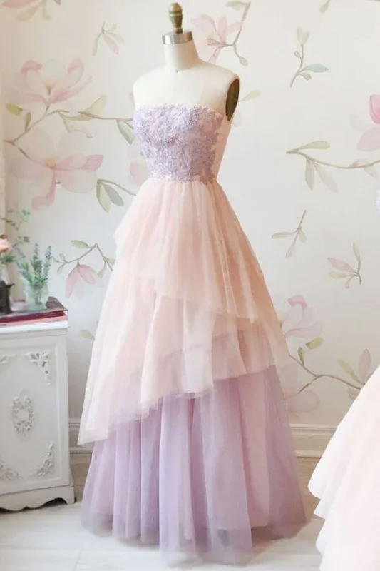 Elegant Lilac Lace Strapless Long Tulle Layered Prom Dress, Party Dress cg5566 Pleated Skirt Elegant Elegant Lilac Lace Strapless Long Tulle Layered Prom Dress, Party Dress cg5566 Pleated Skirt Elegant