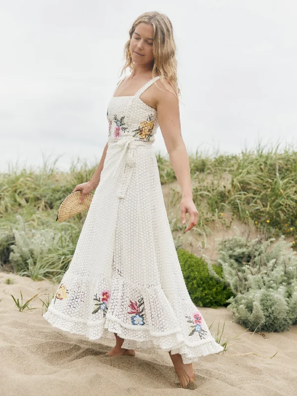 Charlotte Skirt in Cream Crochet/Multicolor Floral Embroidery wool skirt breathable