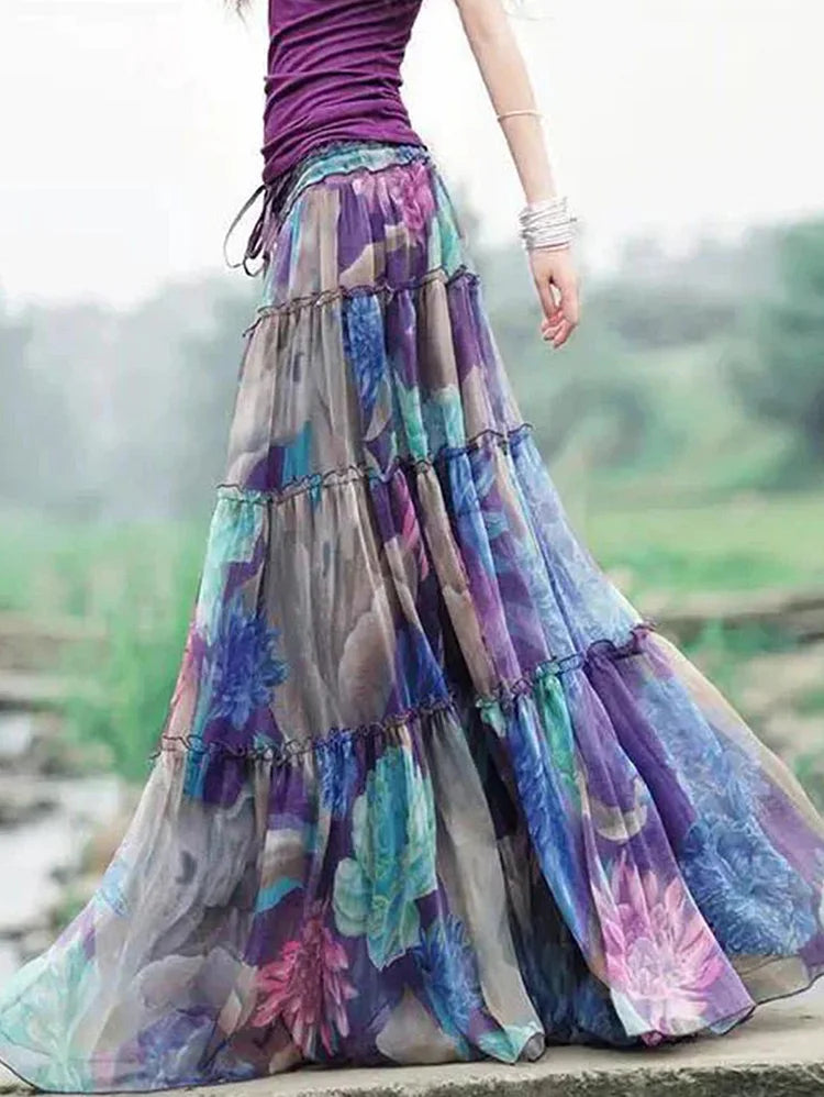 Romantic Flowy Purple Multicolo4 Ruffle Tier Maxi Skirt satin skirt smooth
