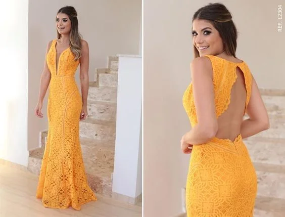 Yellow Lace Prom Dress, V-Neck Long Party Dress, Backless Mermaid Evening Dress cg5709 Tunics Luxurious high-end Yellow Lace Prom Dress, V-Neck Long Party Dress, Backless Mermaid Evening Dress cg5709 Tunics Luxurious high-end