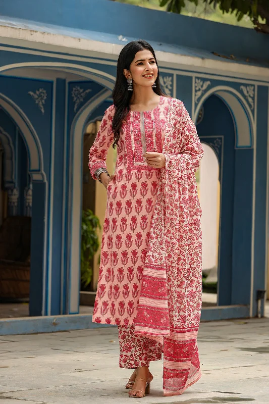Women's Cotton Blend Printed Kurta Pant Dupatta Set - Ahika Warm Wool Trousers