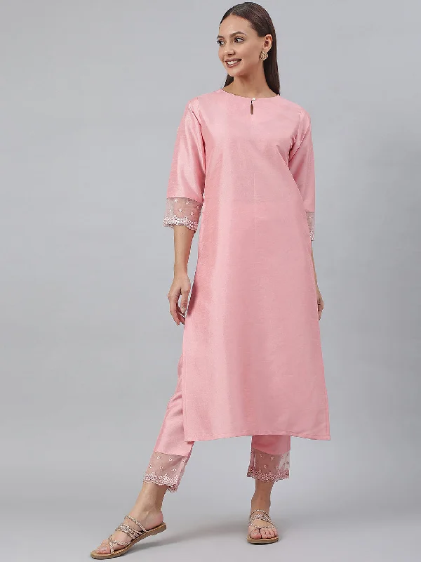 Women's Pink Poly Silk Solid Kurta With Pant - Janasya Classic Straight-Leg Pants