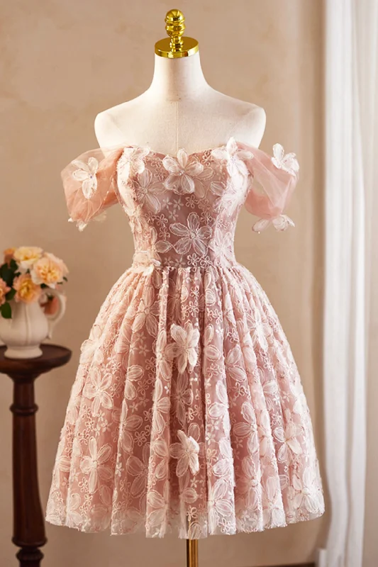 Beautiful Tulle Flower Knee Length Prom Dress, Off the Shoulder Short Sleeve Evening Party Dress Tunics Party sparkling Beautiful Tulle Flower Knee Length Prom Dress, Off the Shoulder Short Sleeve Evening Party Dress Tunics Party sparkling