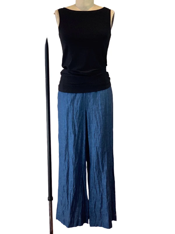 Women's Deep Sapphire Linen Pull On Palazzo Pant Chic Capri Pants