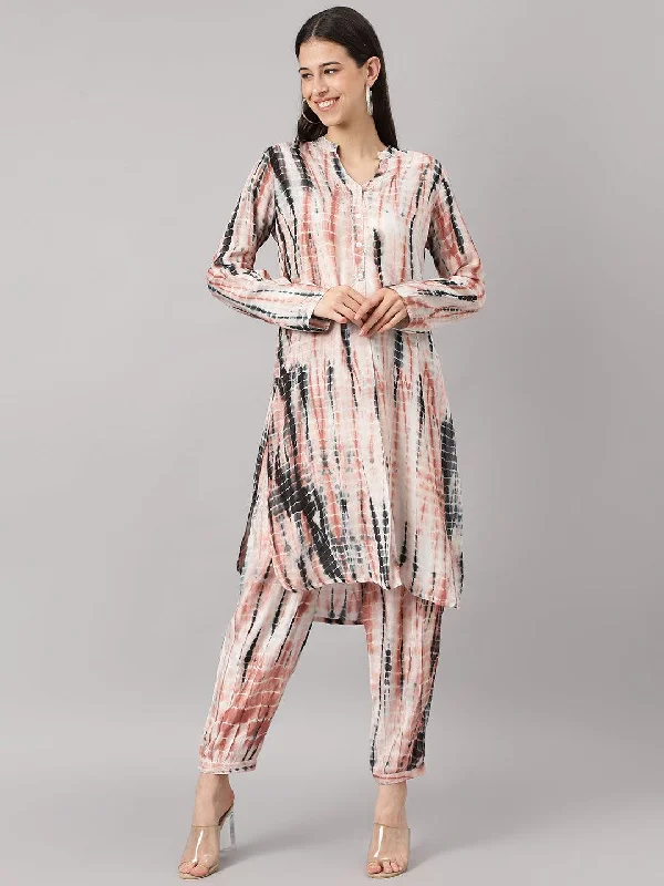 Women's Cream Muslin Tie and Dye Kurta with Ham Cuffed Pant Set - Taantav Casual Sweatpants Style