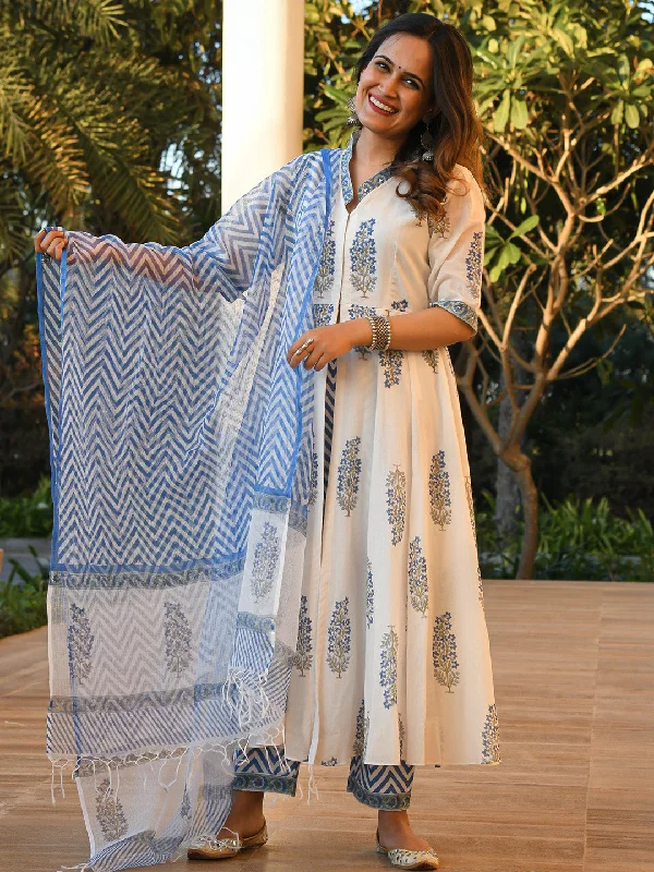 Women's White Printed Pure Cotton Kurta And Pant Set - Alvami Slim Fit Casual Pants