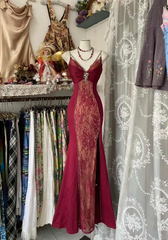 Burgundy Spaghetti Straps Lace Mermaid Vintage Long Evening Party Dress, DP4457 High-Low Hemline Casual Burgundy Spaghetti Straps Lace Mermaid Vintage Long Evening Party Dress, DP4457 High-Low Hemline Casual