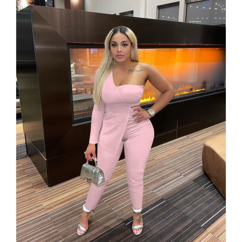 Women Solid Color Off-Shoulder One-Shoulder Irregular Top And Pants Casual Two Piece Set Chic Faux Leather Pants Women Solid Color Off-Shoulder One-Shoulder Irregular Top And Pants Casual Two Piece Set Chic Faux Leather Pants