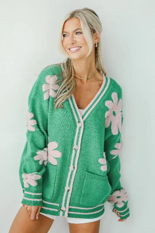FINAL SALE - Luxe Cuteness Green Floral Sweater Cardigan Neon metallic Matte