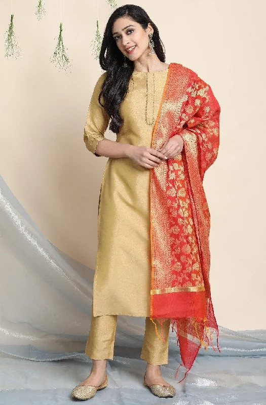 Women's Gold Poly Silk Kurta With Pant And Dupatta - Janasya Chic Black Leggings