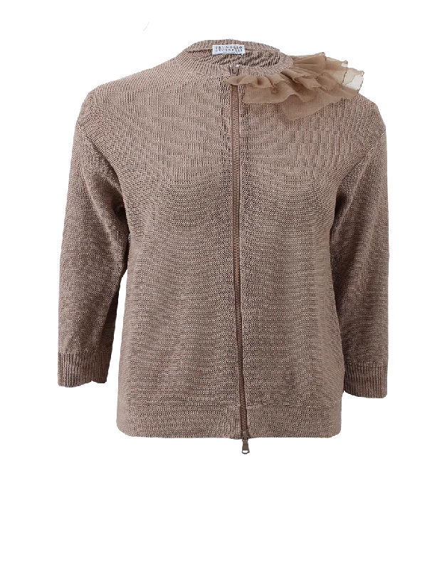 Ruffle Shoulder Zip Cardigan Real Fur Shearling Chenille