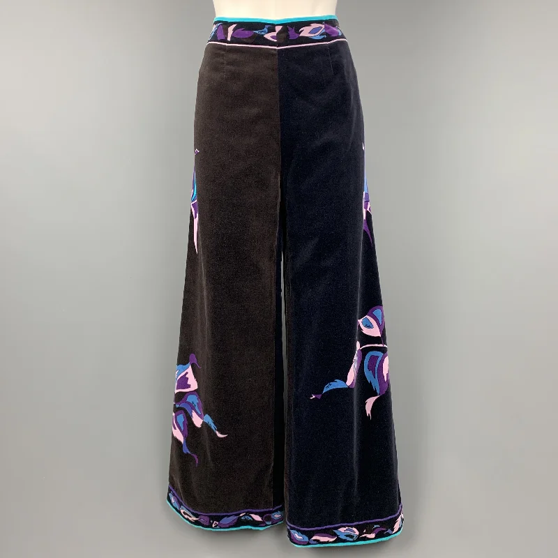EMILIO PUCCI Vintage Size 14 Black & Brown Blue & Purple Floral Velvet Pants Chic Slim Fit Pants EMILIO PUCCI Vintage Size 14 Black & Brown Blue & Purple Floral Velvet Pants Chic Slim Fit Pants