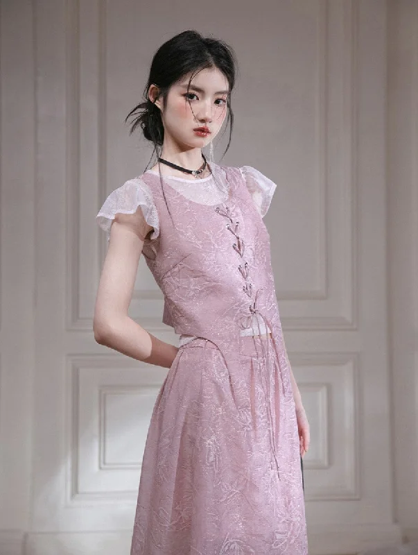 Powder Cream Cloud Spring Small Flying Sleeves Top/Vest/Skirt COT0124 a-line skirt cut
