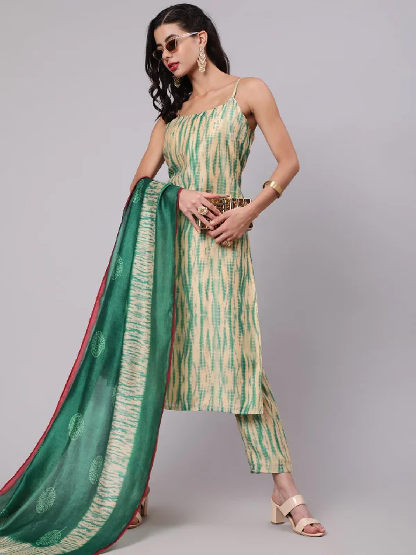 Women's Cream & Green Shibori Printed Straight Kurta & Pant With Dupatta Set - Aks Cozy Knit Pants Women's Cream & Green Shibori Printed Straight Kurta & Pant With Dupatta Set - Aks Cozy Knit Pants