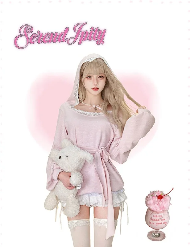 White Peach Pink Long Sleeve Knitted Hooded Top/White Cake Skirt SER0096 wool skirt sturdy
