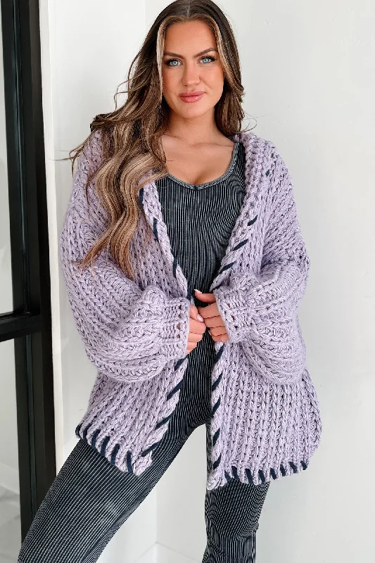 Warm Emotions Stitch Edged Chunky Knit Cardigan (Lilac) Wool Fabric Cashmere Fabric Tweed Fabric Warm Emotions Stitch Edged Chunky Knit Cardigan (Lilac) Wool Fabric Cashmere Fabric Tweed Fabric