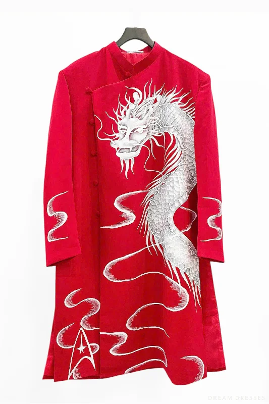 Red Groom Ao Dai Jacket | Hand-Painted Dragon Vietnamese Ao Dai (#CUONG) Zip Front Button Front Snap Front Red Groom Ao Dai Jacket | Hand-Painted Dragon Vietnamese Ao Dai (#CUONG) Zip Front Button Front Snap Front