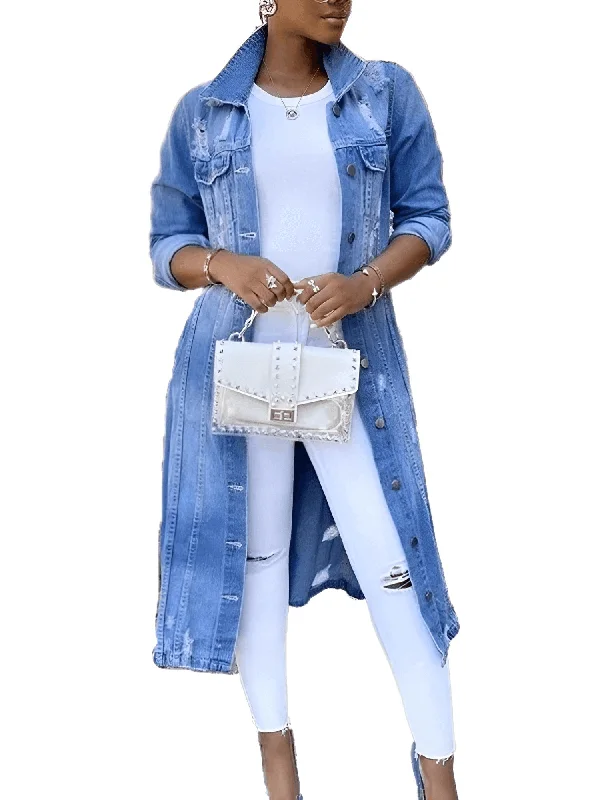 Women's Long Ripped Denim Jacket V-Neck Jacket Boat Neck Jacket Square Neck Jacket