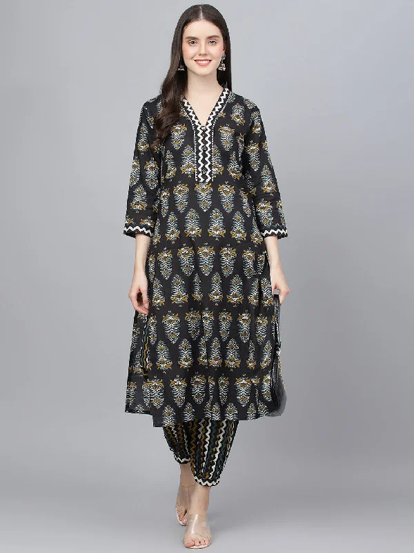 Women's Black Cotton Straight Kurta Hem Cuffed Pant set - Taantav Cozy Maternity Pants Women's Black Cotton Straight Kurta Hem Cuffed Pant set - Taantav Cozy Maternity Pants