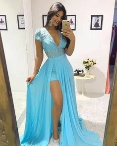 Cap Sleeve Blue Chiffon Prom Dress, Sexy Lace Evening Party Dress with Removble Skirt, Long Party Dress cg5599 High-Low Hemline Casual Cap Sleeve Blue Chiffon Prom Dress, Sexy Lace Evening Party Dress with Removble Skirt, Long Party Dress cg5599 High-Low Hemline Casual
