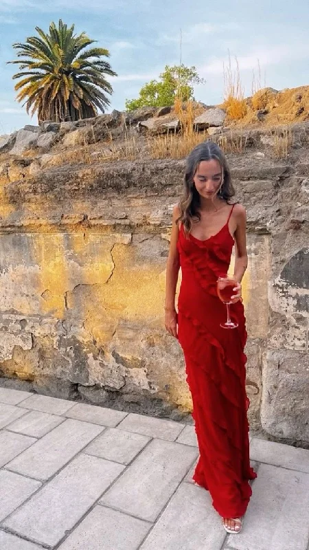 Red Spaghetti Straps Ruffle Mermaid Long Party Dress Wedding Guest Dress,DP1894 Tunics Sophisticated sleek Red Spaghetti Straps Ruffle Mermaid Long Party Dress Wedding Guest Dress,DP1894 Tunics Sophisticated sleek