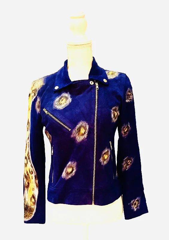Jungle Sapphire Hand-Painted Moto Jacket Wool Jacket Cashmere Jacket Tweed Jacket