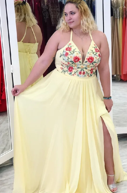 Yellow Halter Appliques Plus Size Prom Dress with Slit, A Line V Neck Sleeveless Party Dress cg4953 Tunics Yoga stretchy Yellow Halter Appliques Plus Size Prom Dress with Slit, A Line V Neck Sleeveless Party Dress cg4953 Tunics Yoga stretchy