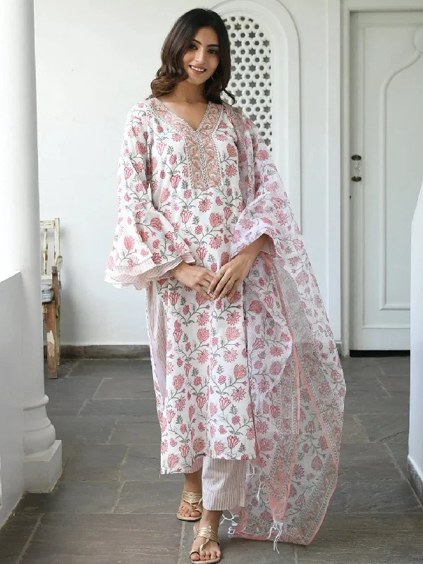 Women's White Floral Print Pure Cotton Kurta And Pant Set - Alvami Formal Wide-Leg Pants Women's White Floral Print Pure Cotton Kurta And Pant Set - Alvami Formal Wide-Leg Pants