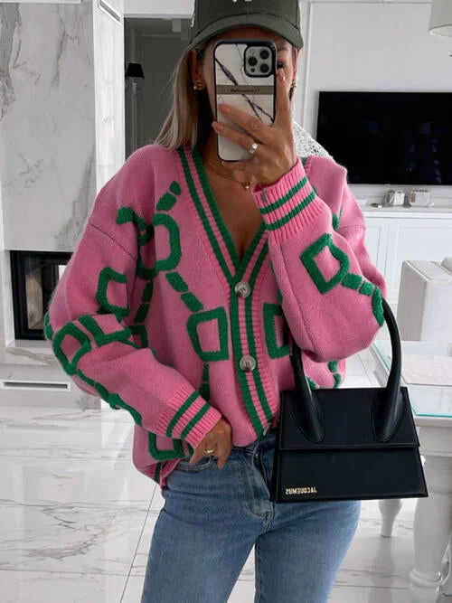 Stylish and Comfortable: Geometric Dropped Shoulder Button Down Cardigan Hooded Cardigan Collared Cardigan Shawl Collar Stylish and Comfortable: Geometric Dropped Shoulder Button Down Cardigan Hooded Cardigan Collared Cardigan Shawl Collar