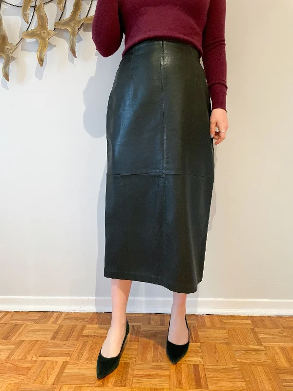 Forest Green Leather Pencil Straight Midi Skirt - Small denim skirt fashionable