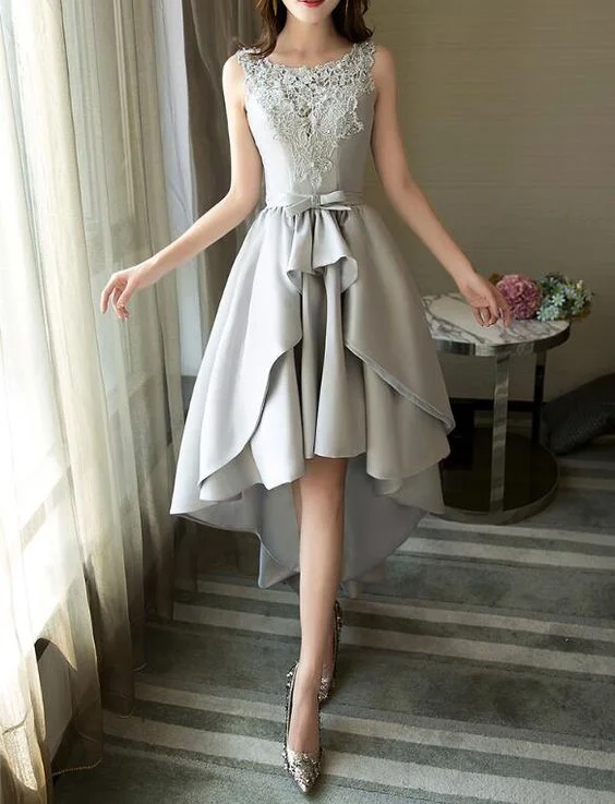 Grey Satin and Lace High Low Party Dress, Round Neckline Charming Formal Dress, Prom Dress 2019 cg2448 Tunics Chinos classic Grey Satin and Lace High Low Party Dress, Round Neckline Charming Formal Dress, Prom Dress 2019 cg2448 Tunics Chinos classic