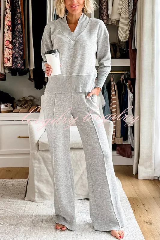 Weather Gets Cold Solid Color V-neck Top and Elastic Waist Pocketed Lounge Pants Set Stylish Harem Pants Weather Gets Cold Solid Color V-neck Top and Elastic Waist Pocketed Lounge Pants Set Stylish Harem Pants