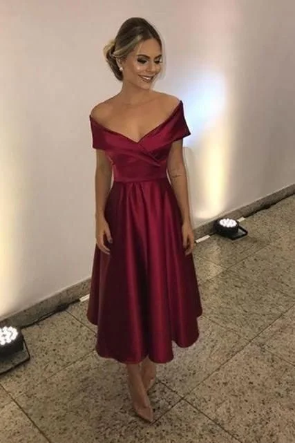 Burgundy Off The Shoulder Party Dress Tea Length prom Dress cg6195 Tunics Occasion special Burgundy Off The Shoulder Party Dress Tea Length prom Dress cg6195 Tunics Occasion special
