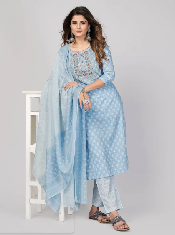 Women's Printed & Embroidered Straight Cotton Sky Blue Stitched Kurta Pant With Dupatta (3Pcs Set) - Vbuyz Slim-Fit Leggings Women's Printed & Embroidered Straight Cotton Sky Blue Stitched Kurta Pant With Dupatta (3Pcs Set) - Vbuyz Slim-Fit Leggings