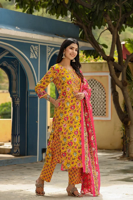 Women's Cotton Blend Printed Kurta Pant Dupatta Set - Ahika Cozy Jogger Leggings