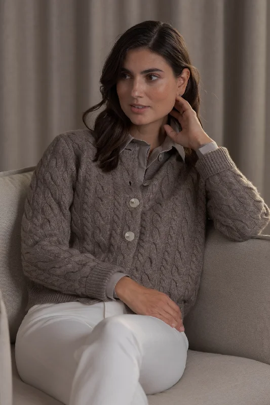 Vivianna Cable Knit Wool Cashmere Blend Cardigan Nougat Cashmere Blend Cotton Blend Poly Blend