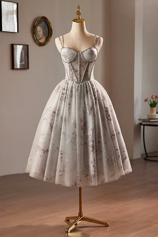 Gray Tulle Sequins Short Prom Dress, A-Line Spaghetti Straps Backless Party Dress Tunics Office stylish Gray Tulle Sequins Short Prom Dress, A-Line Spaghetti Straps Backless Party Dress Tunics Office stylish