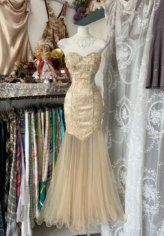 Champagne Sweetheart Mermaid Tulle Vintage Long Party Dress Evening Gown, DP4597 Tunics Trousers formal Champagne Sweetheart Mermaid Tulle Vintage Long Party Dress Evening Gown, DP4597 Tunics Trousers formal