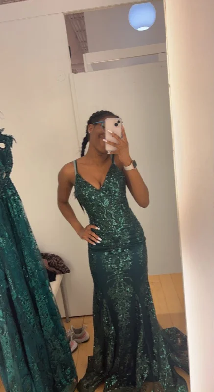 Dark Green Straps Mermaid Sequins Long Party Dress Formal Evening Dress, DP4782 sweetheart Neckline Romantic Dark Green Straps Mermaid Sequins Long Party Dress Formal Evening Dress, DP4782 sweetheart Neckline Romantic