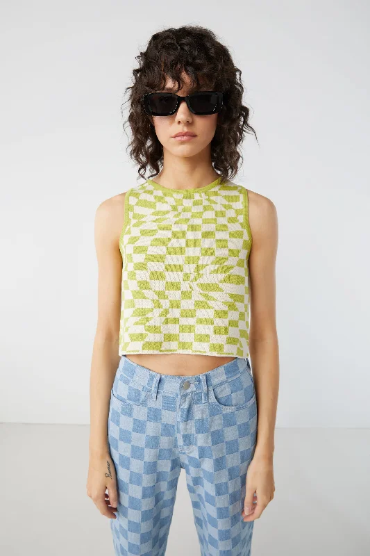 CHECKERED KNIT TANK sage tank top