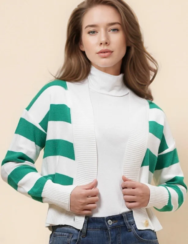 Ladies V-Neck Striped Color Block Knit Cardigan SKT41049 Soft Cozy Warm