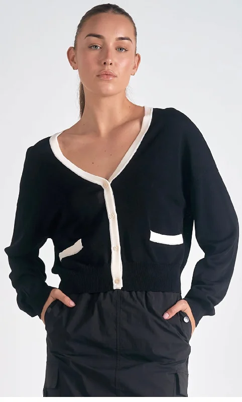 Black & White Knit Cardigan Denim Fabric Leather Fabric Suede Fabric