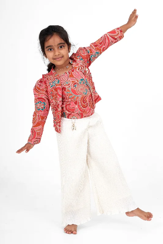 Girls Cream Garara Sharara Set with Vibrant Printed Blazer and Palazzo Pants Casual Sweatpants Style Girls Cream Garara Sharara Set with Vibrant Printed Blazer and Palazzo Pants Casual Sweatpants Style