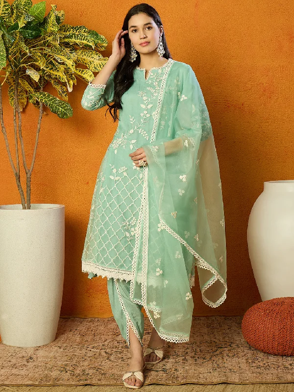 Women's Sea Green Organza Embroidered A-Line Kurta Dhoti Pants Set With Dupatta - Ahika Classic Cropped Pants Women's Sea Green Organza Embroidered A-Line Kurta Dhoti Pants Set With Dupatta - Ahika Classic Cropped Pants