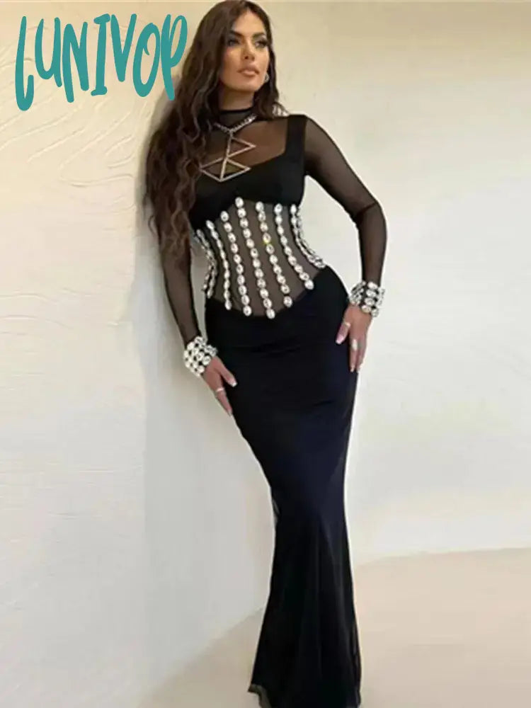 Lunivop Women Sexy Long Sleeve Mesh Beading Black Maxi Long GownsBodycon Bandage Dress Elegant Evening Club Party Dress Tunics Plaid country Lunivop Women Sexy Long Sleeve Mesh Beading Black Maxi Long GownsBodycon Bandage Dress Elegant Evening Club Party Dress Tunics Plaid country