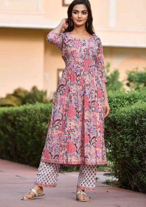 Women's Pink Printed Viscose Rayon Kurta And Pant Set - Alvami Trendy Work Pants