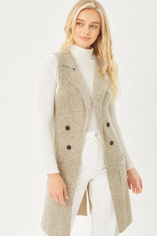 Sleeveless Pocket Detail Solid Long Cardigan Vest Soft Cozy Warm