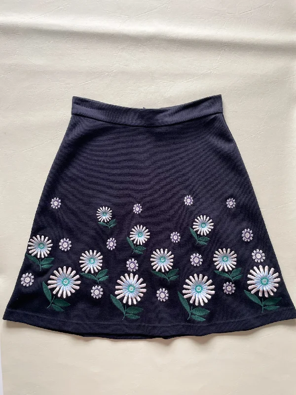 Markus Lupfer Navy Embroidered Floral A-Line Skirt - XS ribbed skirt waist