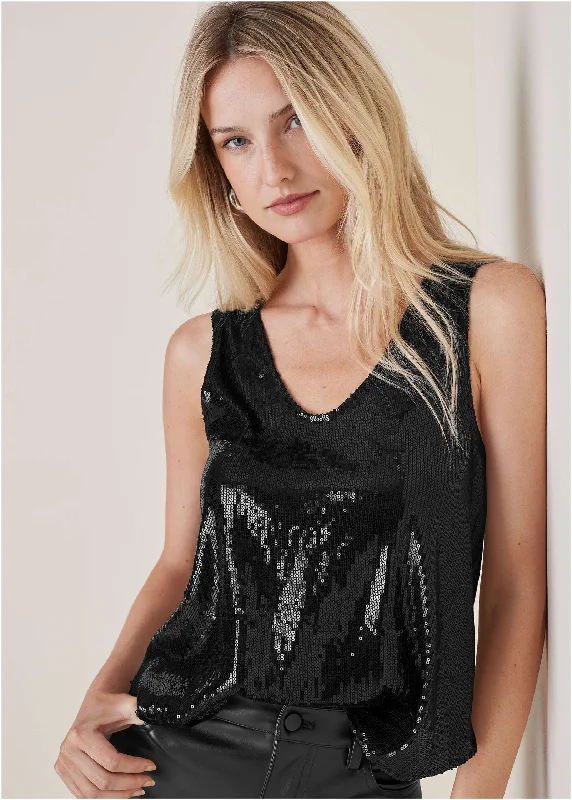Glitter Sequin Tank - Black fitted tank top