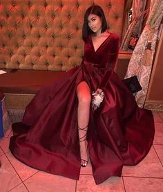 Vintage Burgundy Long Sleeve Velvet and Satin Prom Dresses Sexy Slit Formal Party Dress cg6725 Tunics Long Elegant Vintage Burgundy Long Sleeve Velvet and Satin Prom Dresses Sexy Slit Formal Party Dress cg6725 Tunics Long Elegant